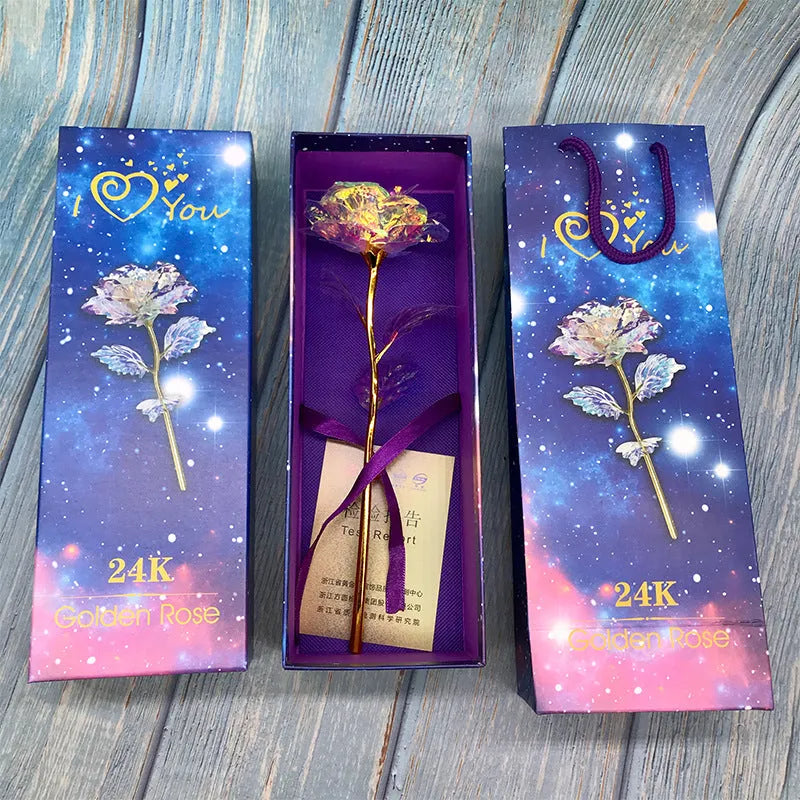 24K luminous colour gold rose flower set in gift box with tote bag