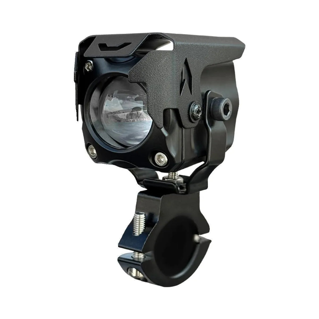 Motorcycle LED spotlight pair with integrated far and near beams and multiple switch options