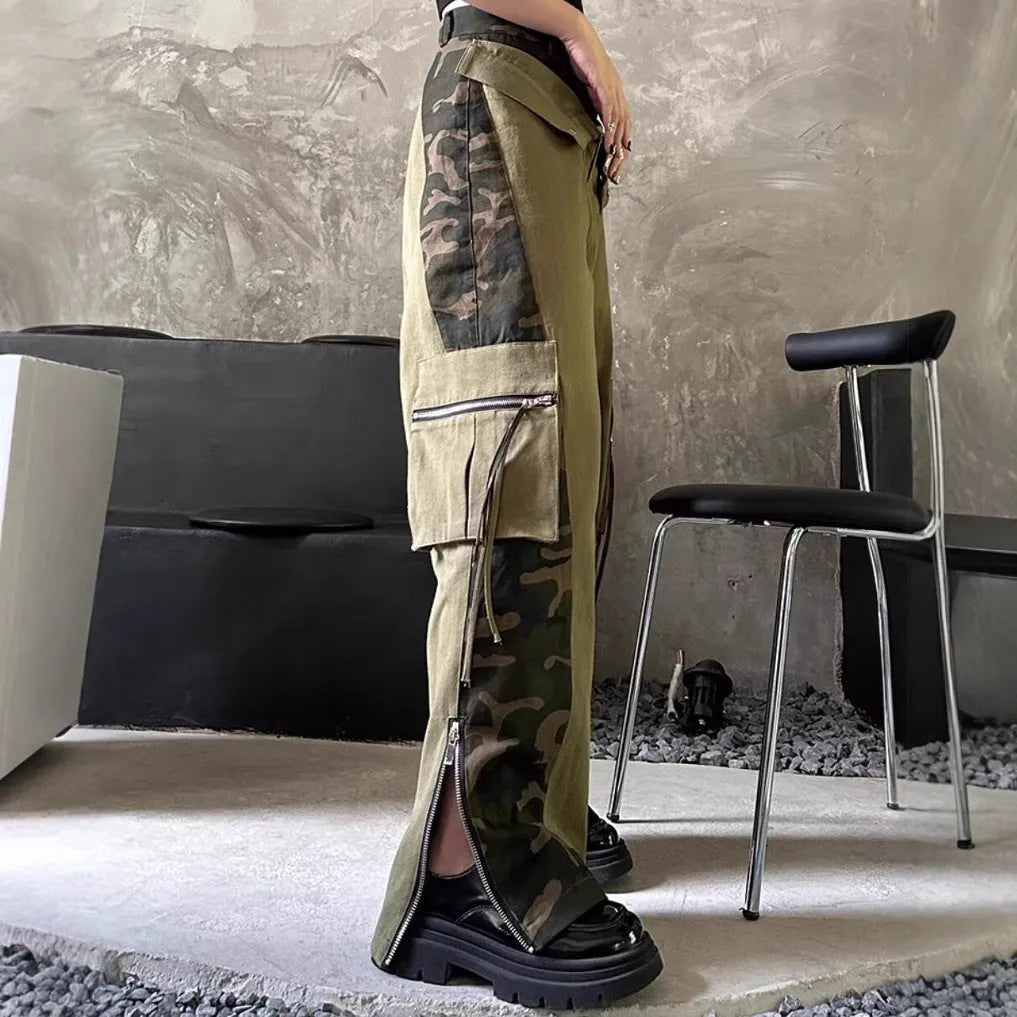 Women's high waist straight leg jeans with leopard print and fake two-stitching tooling details