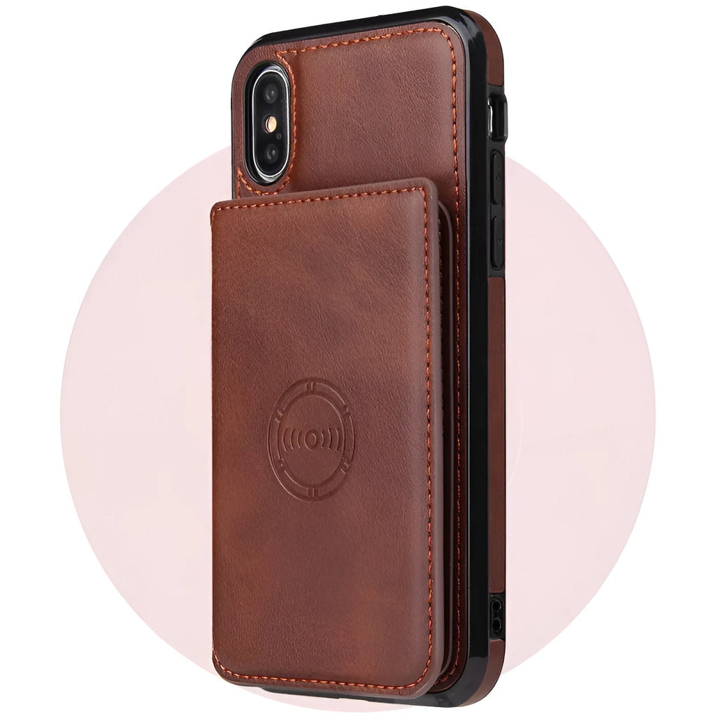 iPhone 11 imitation leather card wallet phone case in various colours showing integrated card slot
