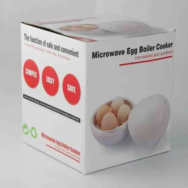White microwave egg steamer for 4 eggs with vent hole and secure knob