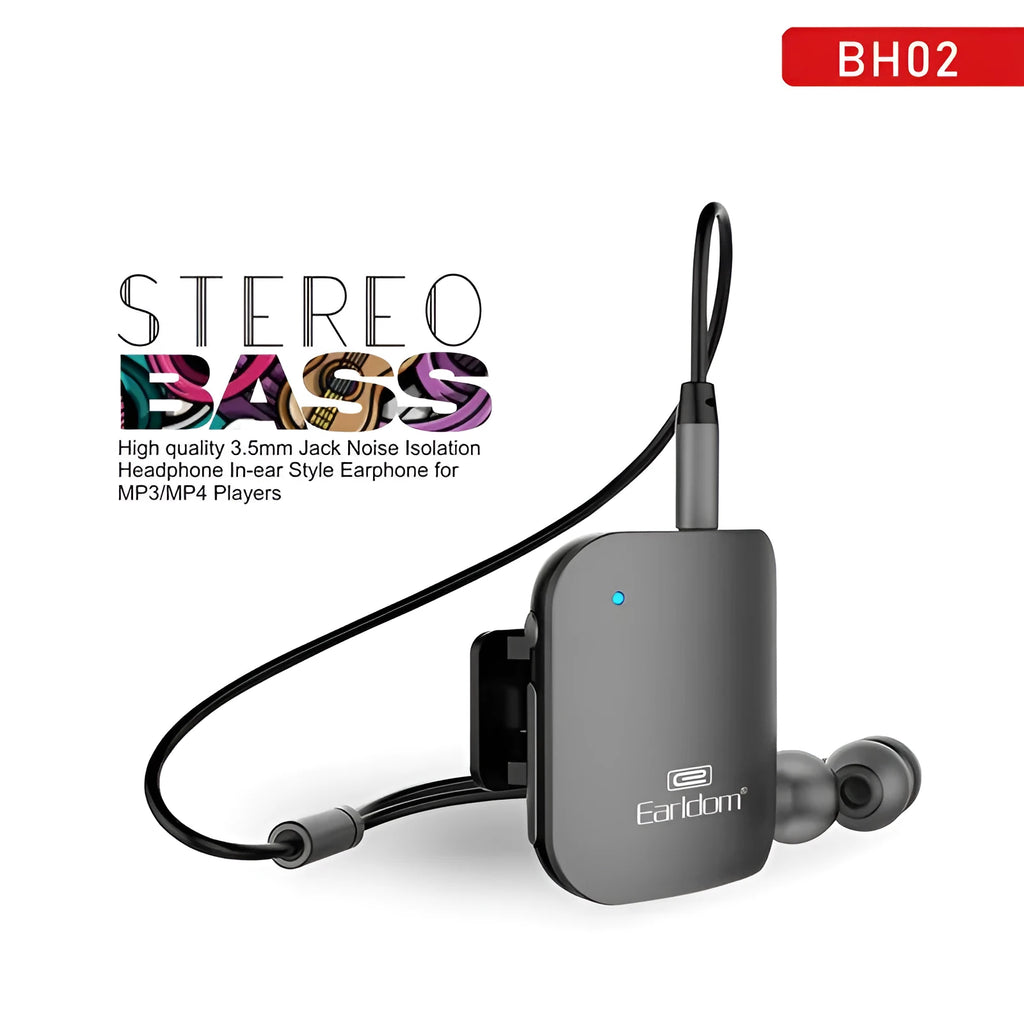 Bluetooth lavalier headphones with audio receiver showing colour options and lavalier clip design