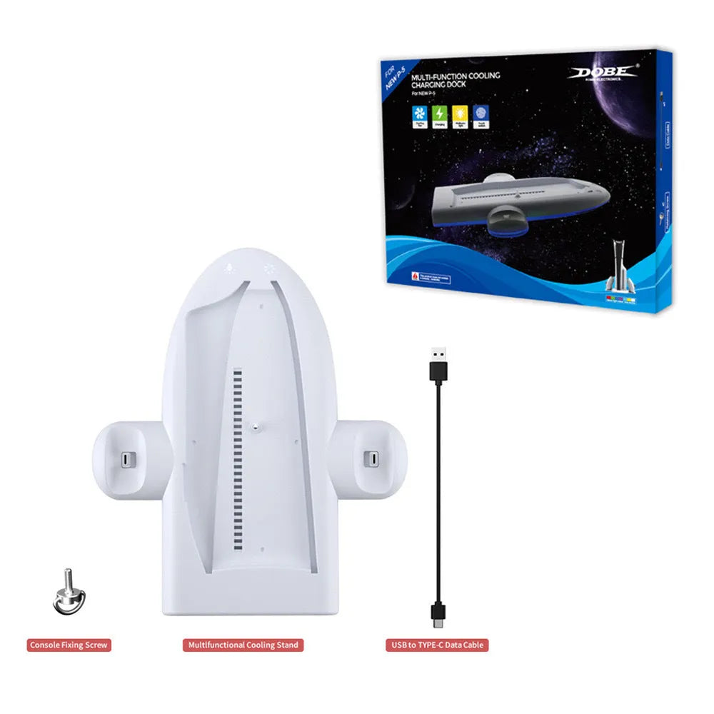 PS5 Slim multifunctional charging base with cooler pad fan and RGB ambient lighting showing white ABS plastic construction