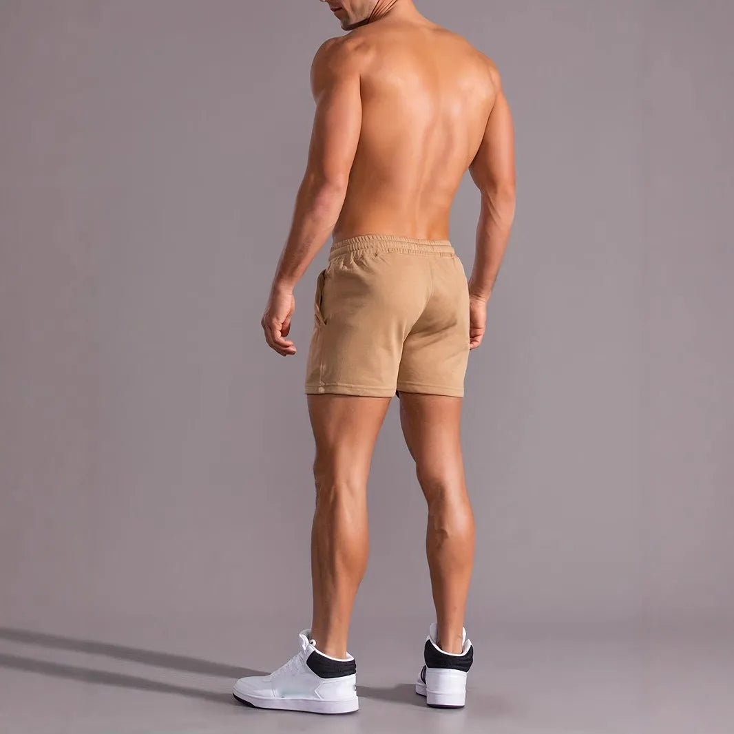 Men's khaki sports shorts with coconut print design and straight leg cut