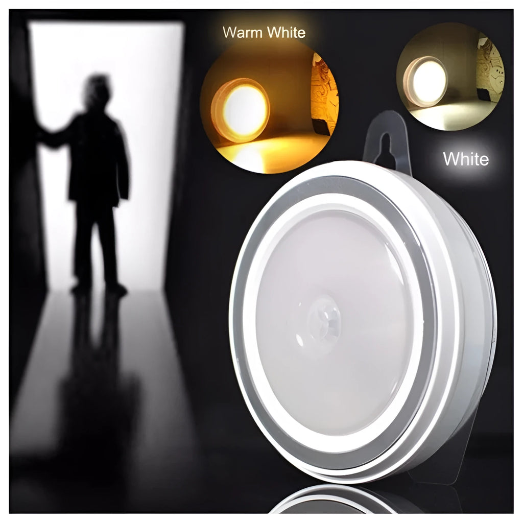 Circular white motion sensor LED light unit showing five LEDs, 80mm in diameter.