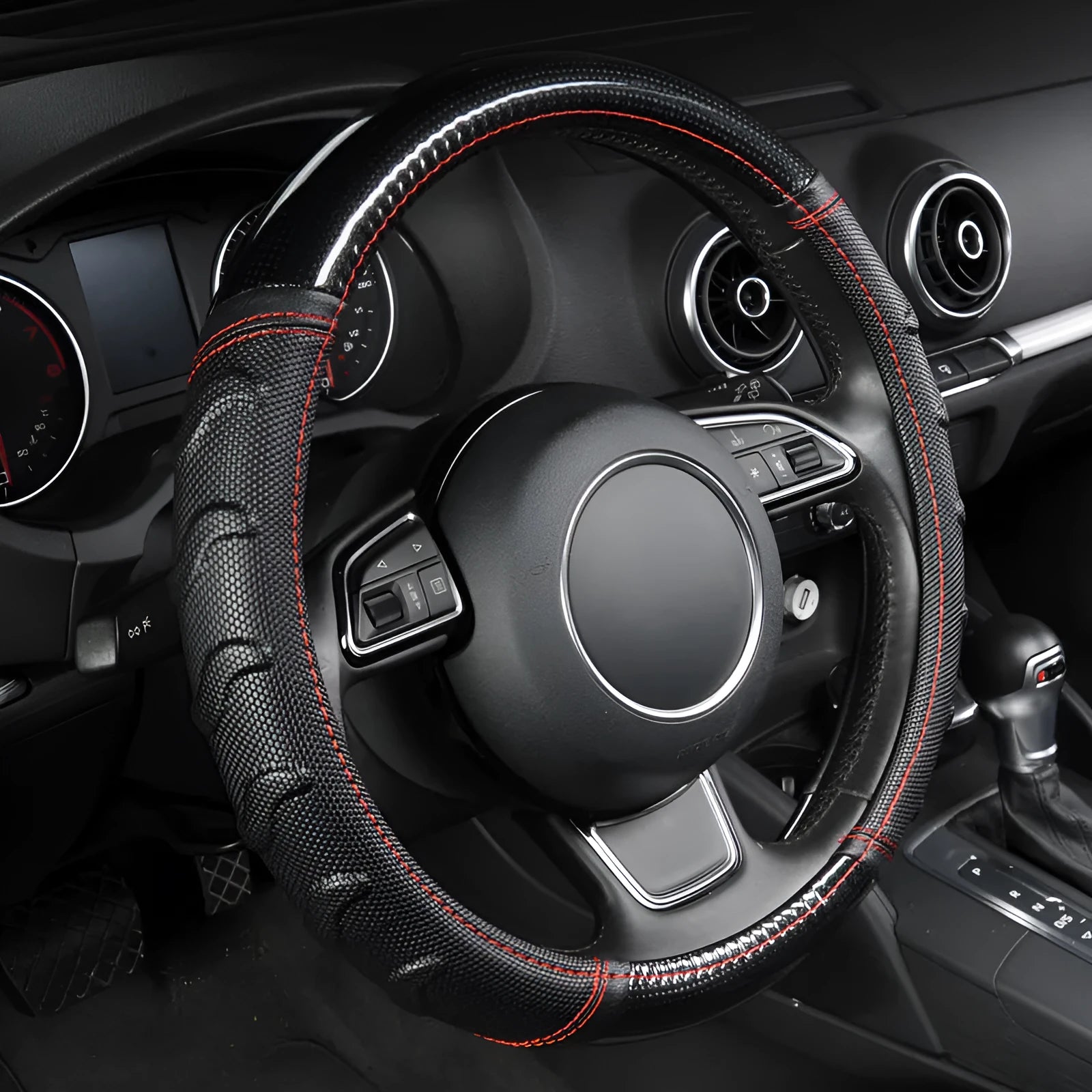 Willow leaf massage non-slip PU leather car steering wheel cover in photo colour, universal M size for 38cm wheels