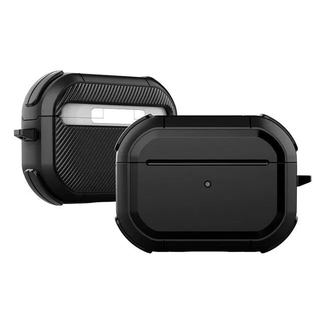 Black protective hard shell case for Apple AirPods Pro and AirPods 1/2 on a white background.