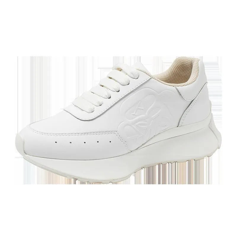 Women's leather sports casual shoes white tail colour, high top raised bottom, two-layer cowhide upper, round toe lace-up