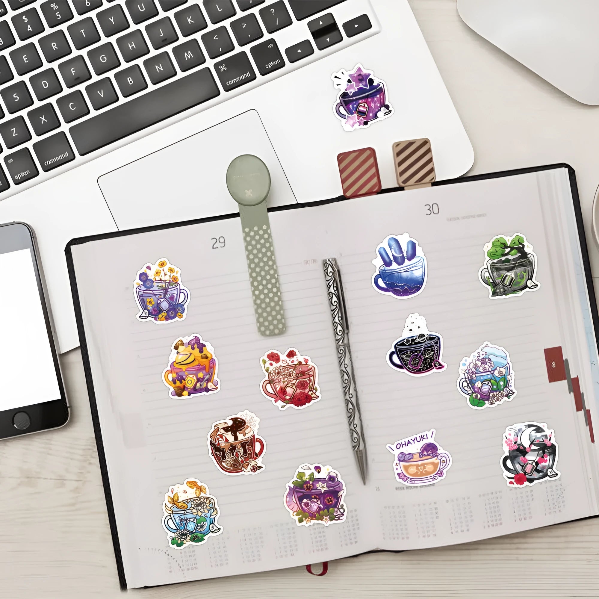 Colourful tea cup graffiti stickers in Nordic style design, 50-piece waterproof pack