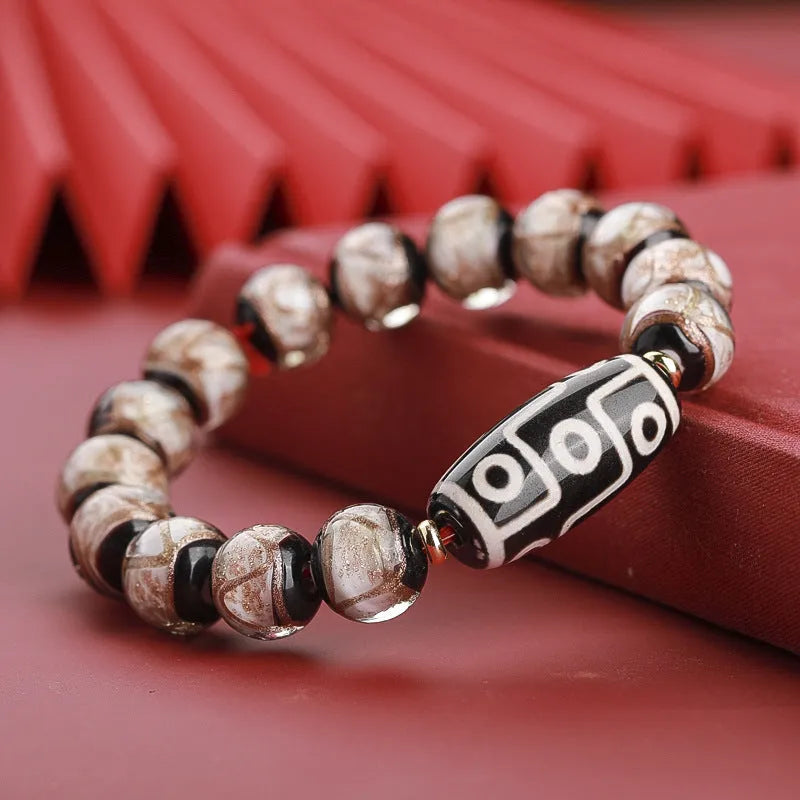 Colourful Chinese style coloured glaze bracelet with auspicious patterns, showing bead size options.
