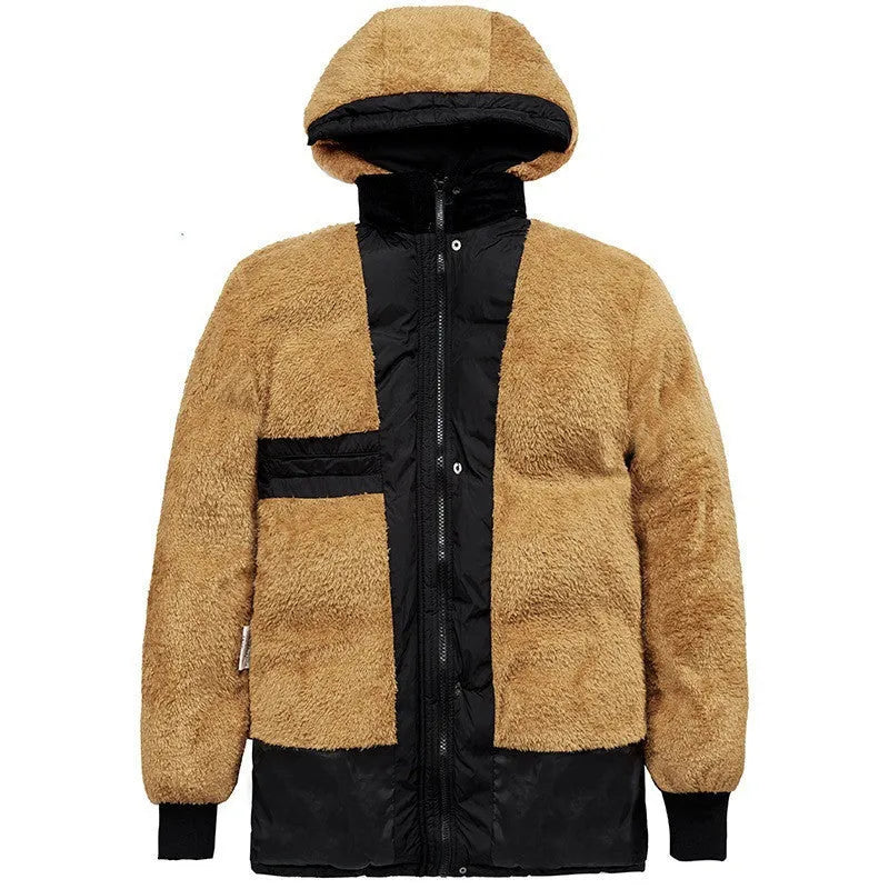 Men's black velvet padded winter jacket with hood and double-breasted placket in loose fit style