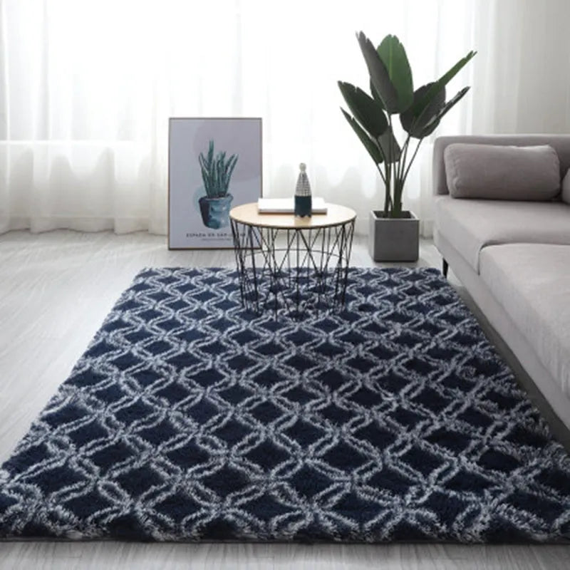 Long hair tie-dyed gradient polyester carpet in a living room setting showing soft texture and colour transition