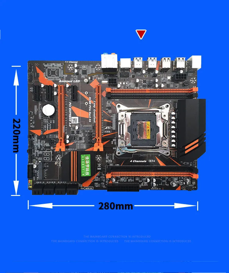 Black X99 ATX motherboard with LGA2011-3 socket, four DDR4 slots, dual PCI-E x16 slots, and M.2 interface