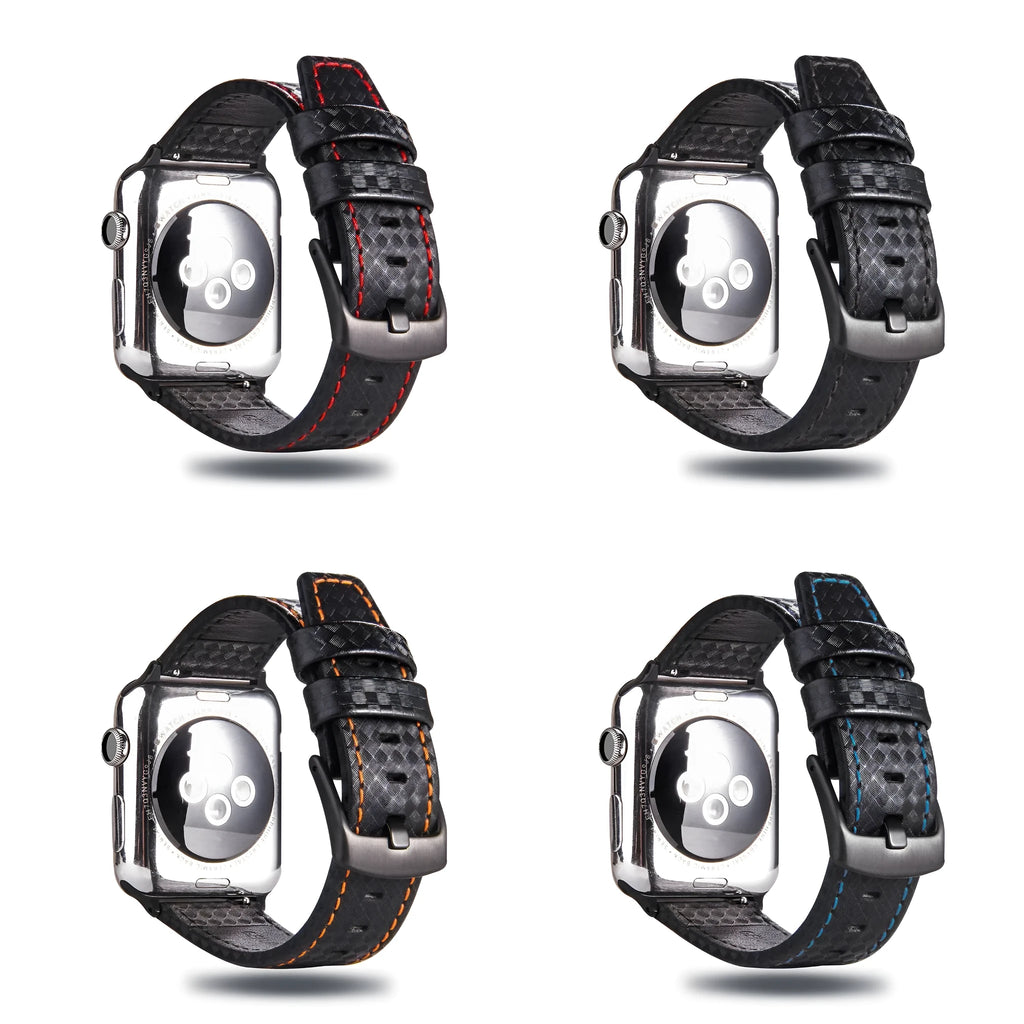 Carbon fibre pattern leather iPhone watch strap and matching hard shell case in four colour options