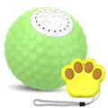 Remote control and colourful plastic rolling ball cat toy with sound on a wooden floor.