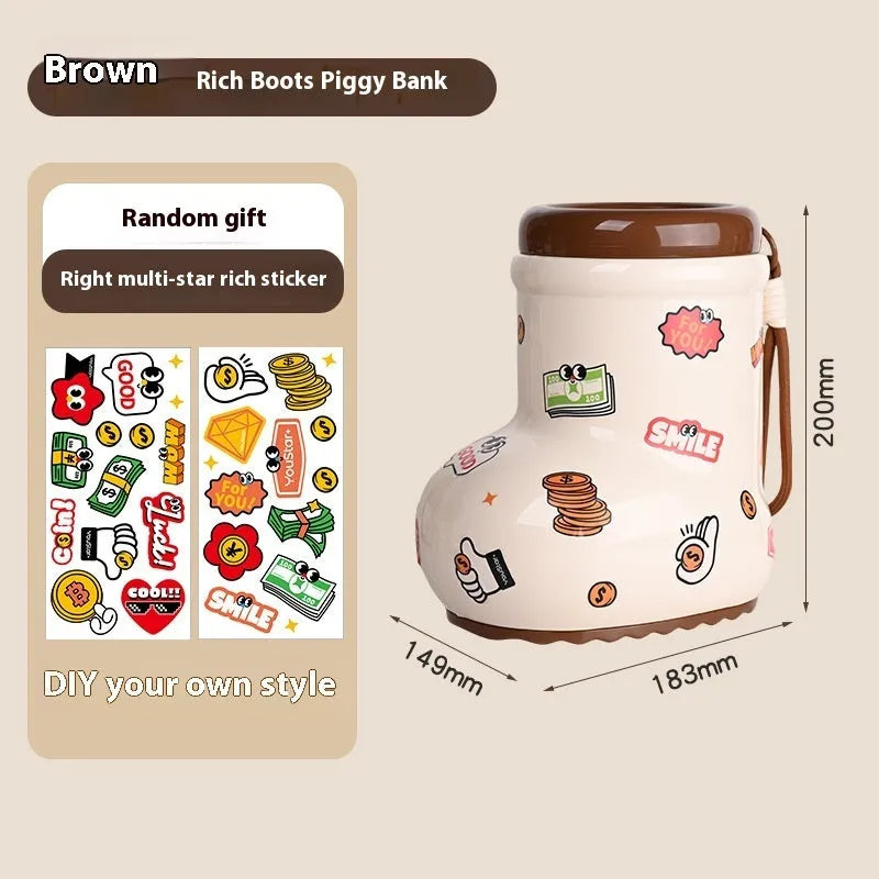Red and brown cartoon sticker designs on a plastic desktop storage box with grid organiser compartments.