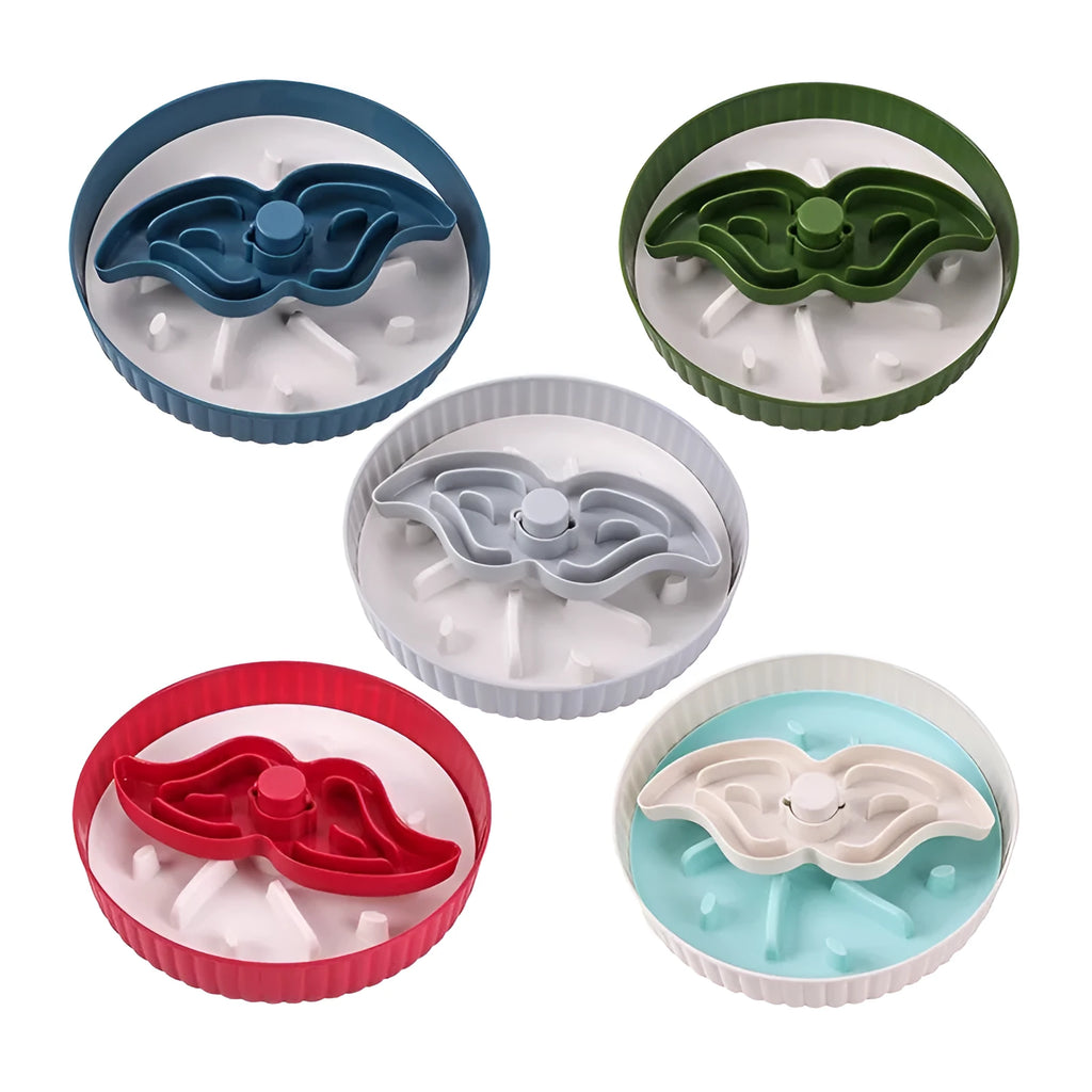 Pet slow feeder bowl with rotating game board and removable silicone licking mat in blue.