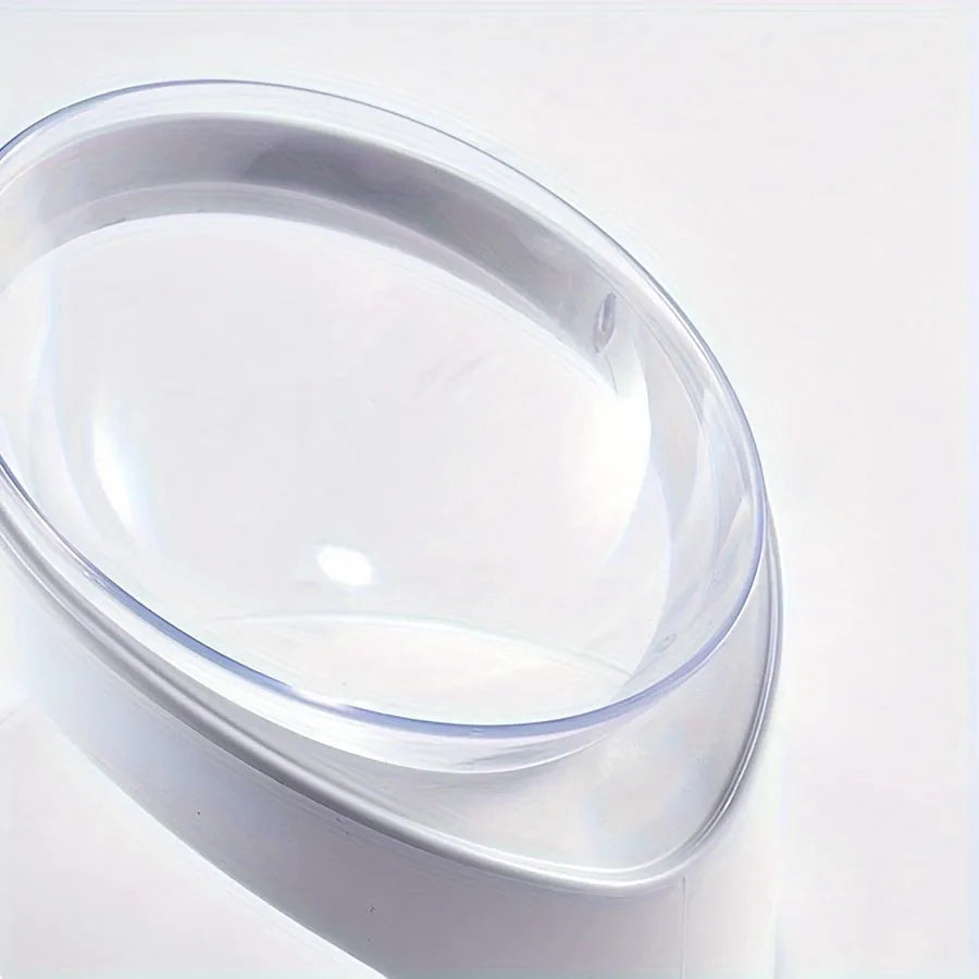 Clear white elevated cat food bowl with ergonomic tilt design for neck support