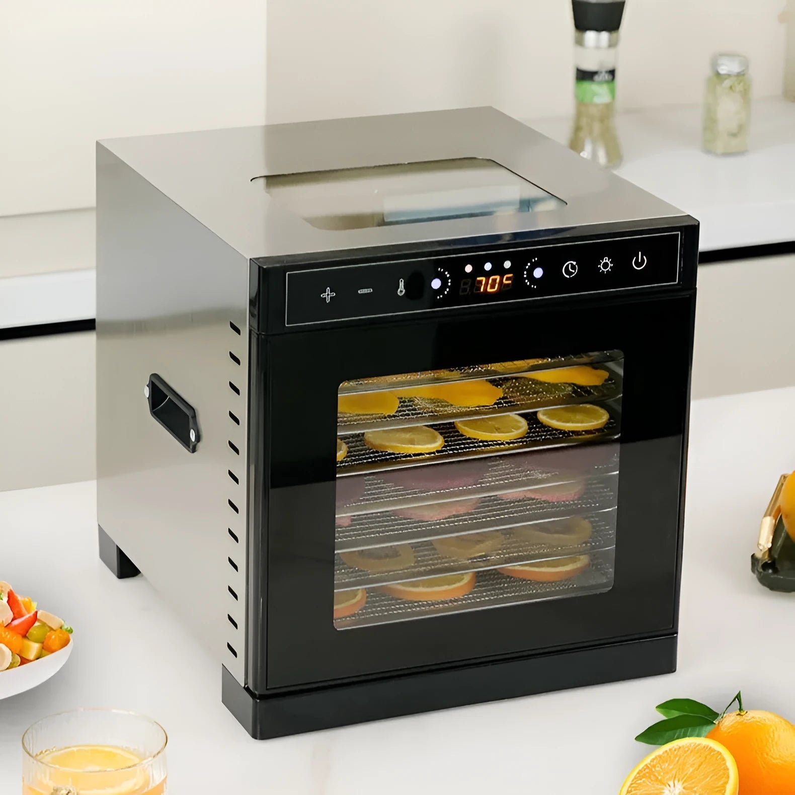 Stainless steel food dehydrator with visual skylight window and LED control panel.