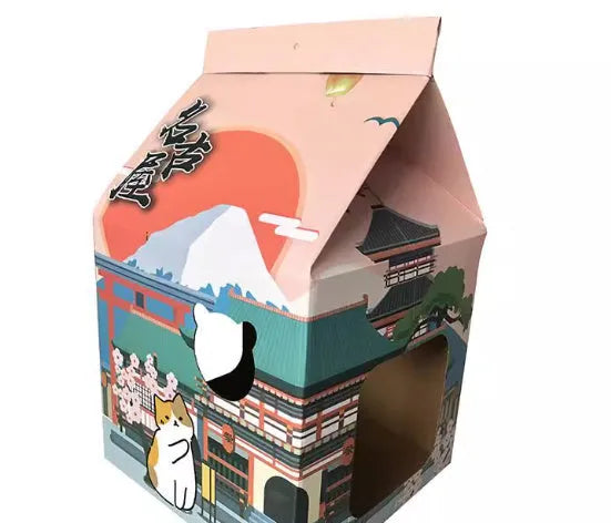 Foldable corrugated paper cat scratching board and nest in Nagoya pattern design.
