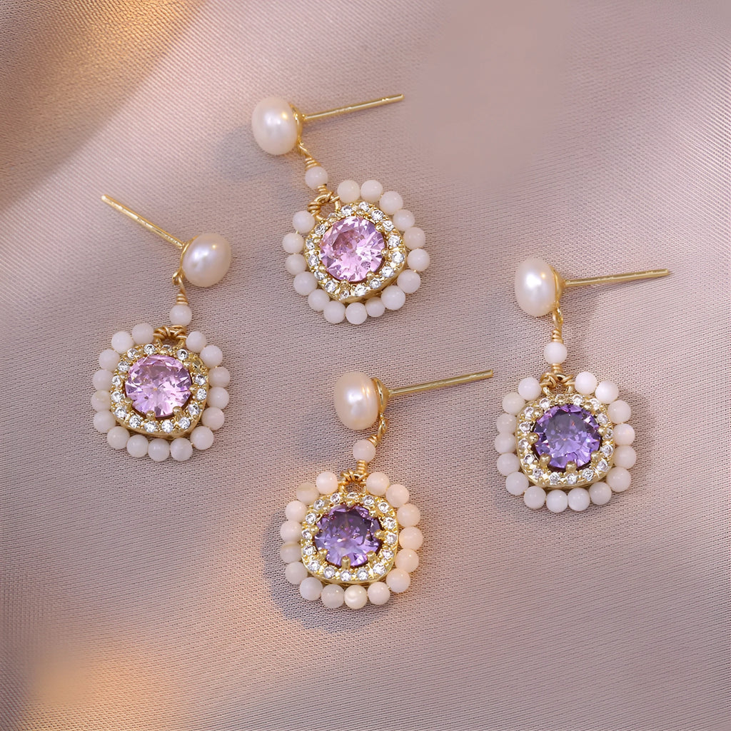 Natural freshwater pearl flower earrings with diamond treatment in purple and pink colour options for women