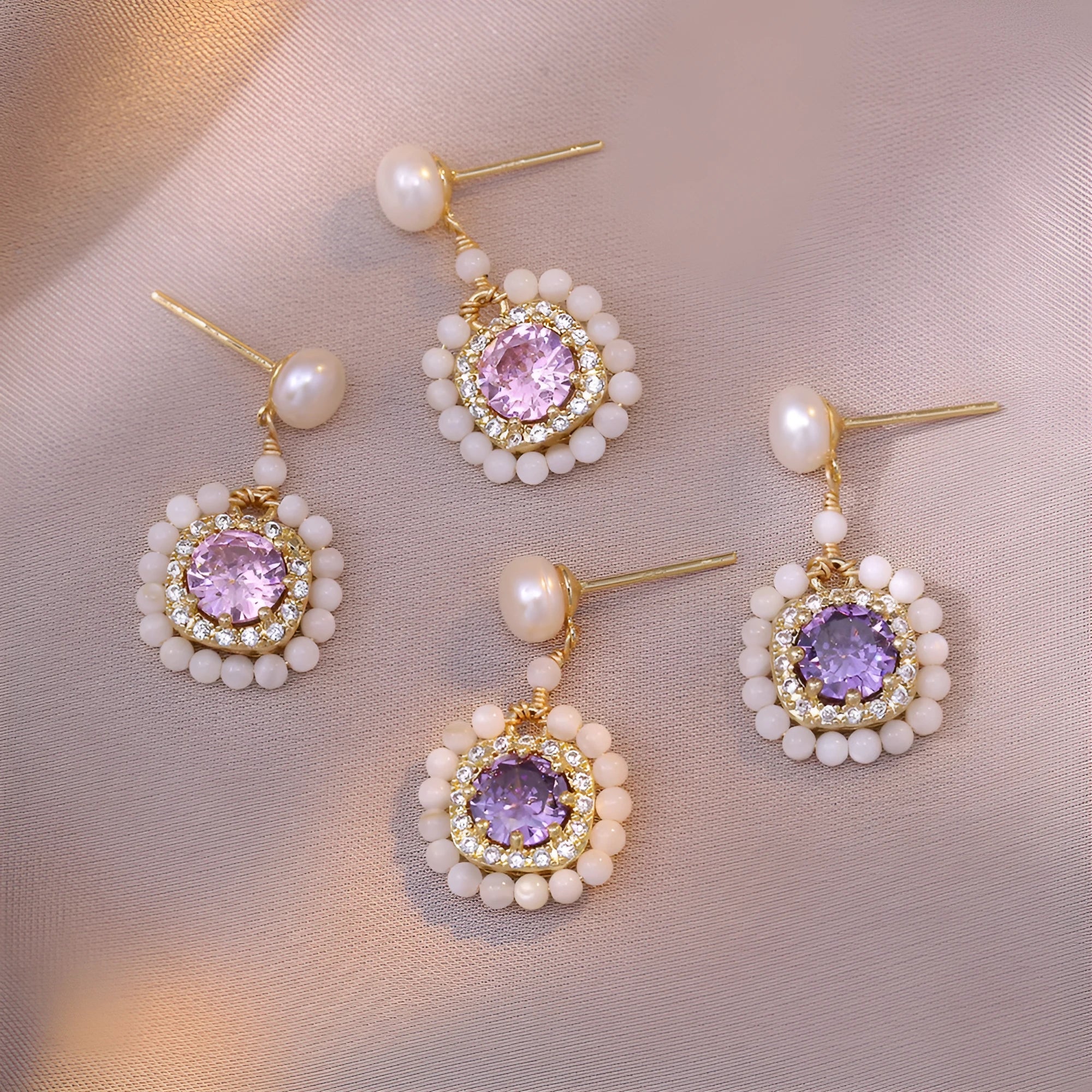 Natural freshwater pearl flower earrings with diamond treatment in purple and pink colour options for women