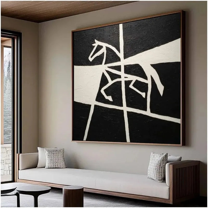Handmade oil painting of a running black and white horse on canvas, frameless and unstretched