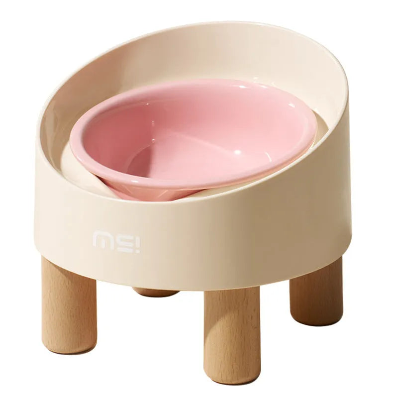Blue purple cat ceramic food basin with high foot and oblique mouth on beech wooden feet
