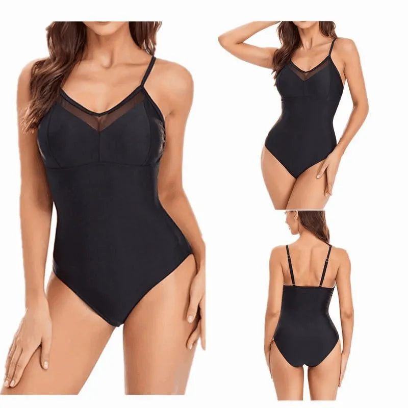 Ladies black mesh one-piece swimsuit with backless design on mannequin