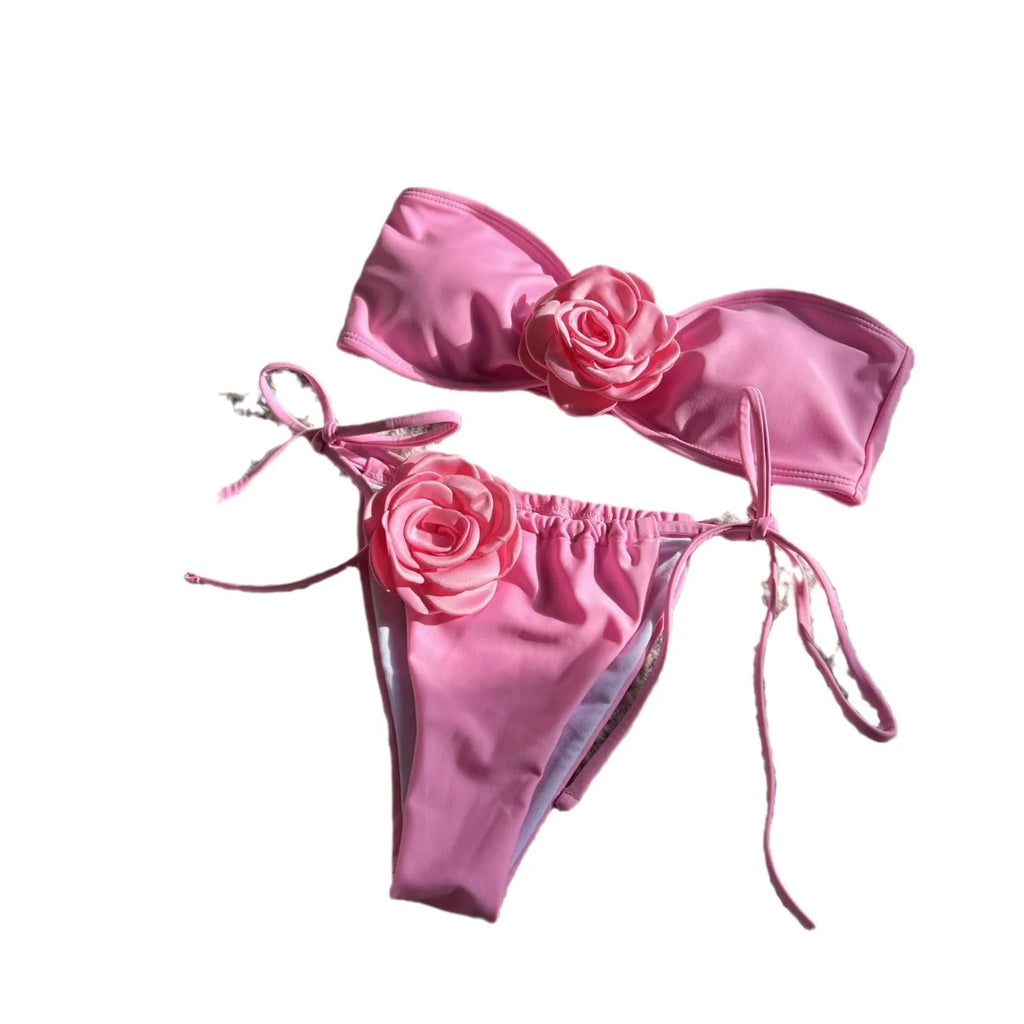 Women's solid colour swimsuit with adjustable drawstring tube top and matching split briefs.