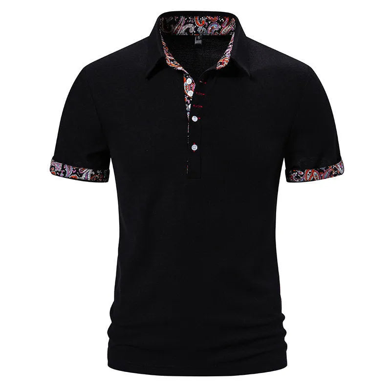 Men's navy blue polo shirt with colour stitching detail on the turnover neck and short sleeves.