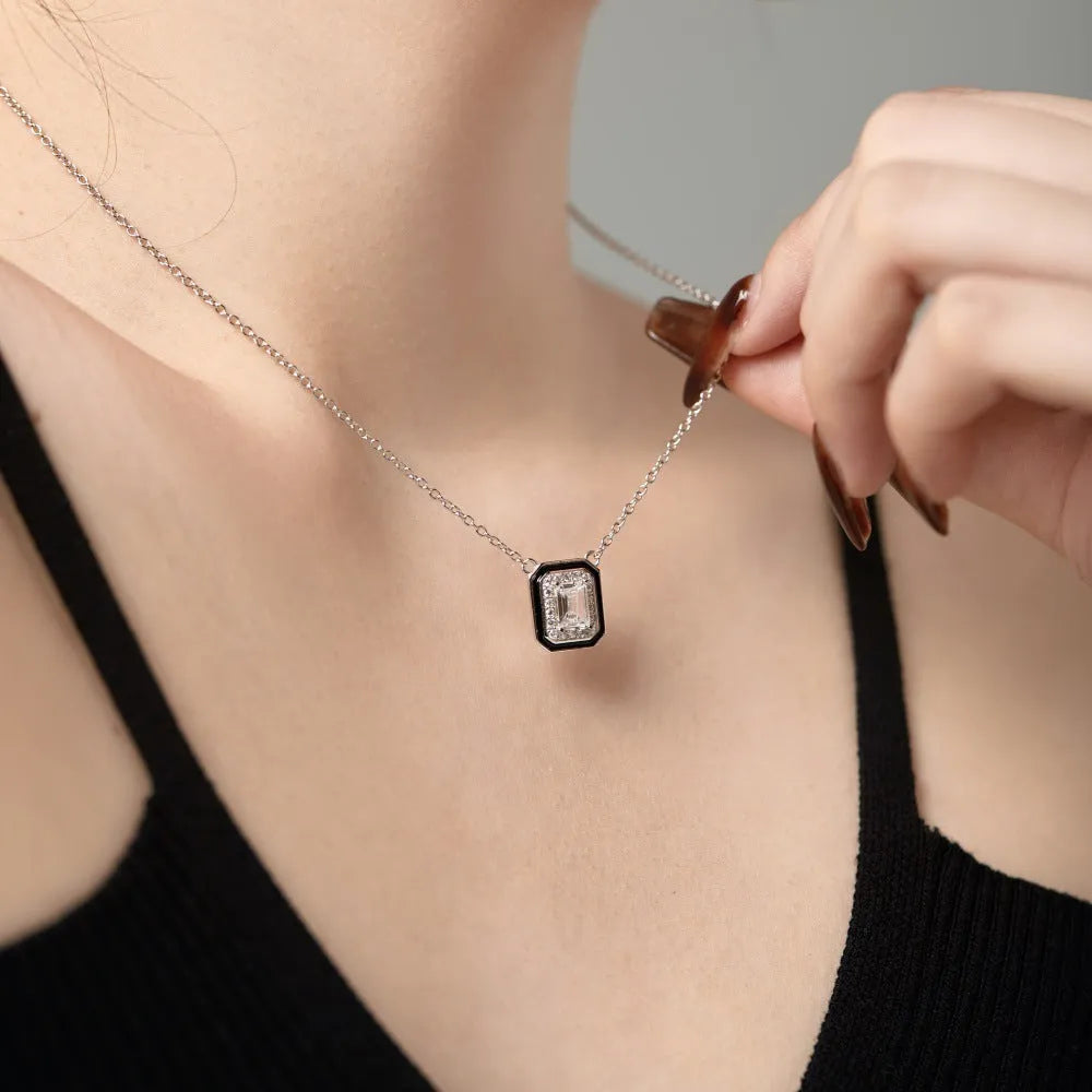 Women's 925 silver rectangular zircon fashion necklace with blue stone pendant on white background
