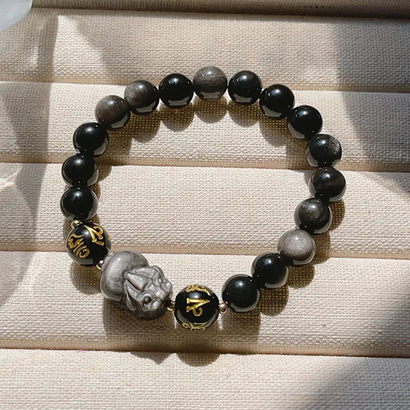 Natural Silver Stone bracelet for men with beaded design, Chinese-style zodiac elements, and proverb inscription