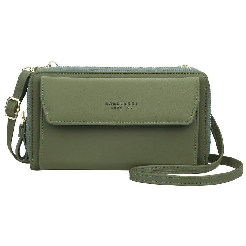 Soft PU leather ladies long wallet with double zipper in horizontal square messenger bag design