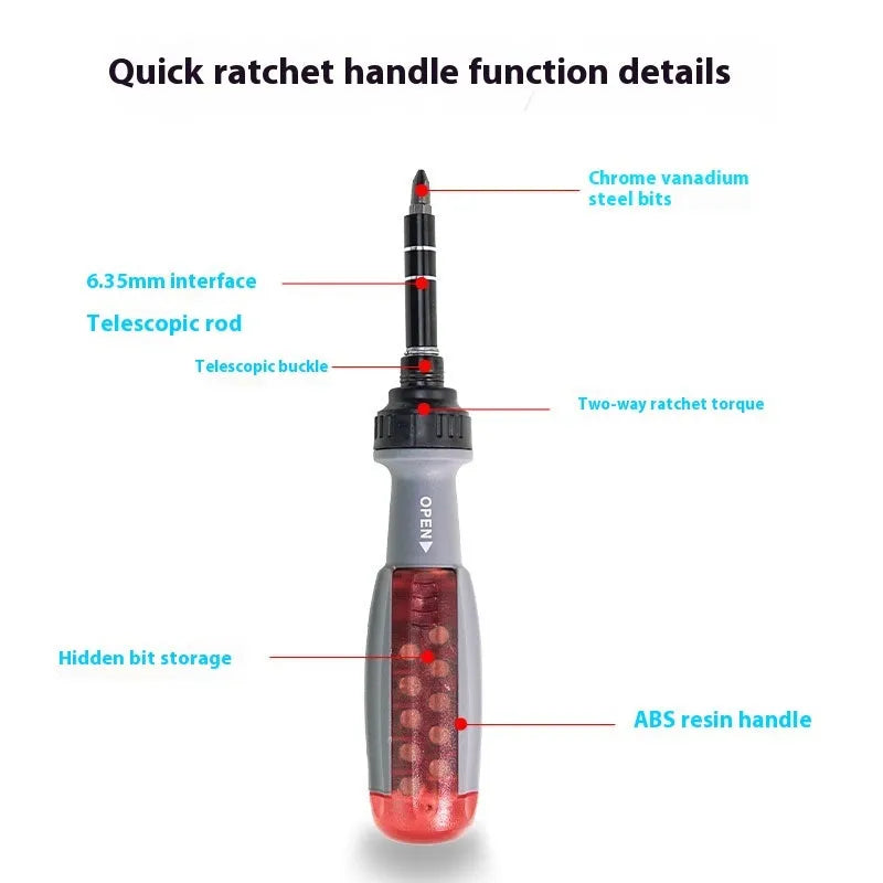 Ratchet two-way retractable screw bits set shaped screwdriver with magnetic tip and ABS handle