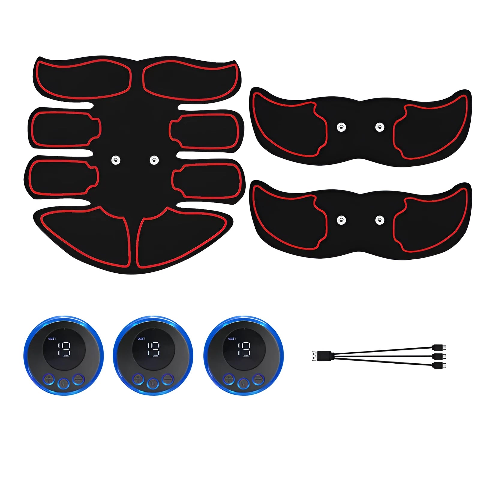 Digital abdominal muscle stimulation patch set with three eight-electrode pads showing red edge variant
