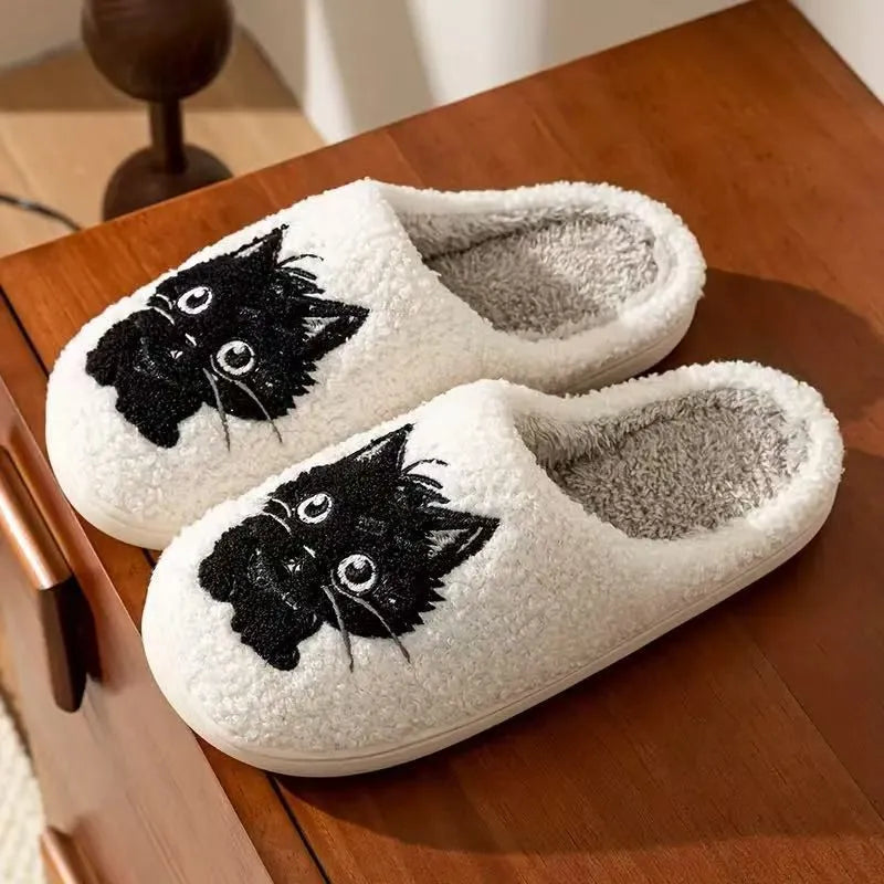 White plush cartoon black beard cat couple cotton slippers for adults with non-slip soles.
