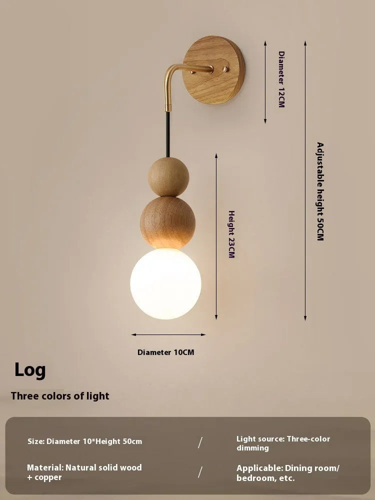 Copper and wood wall lamp with natural walnut finish, three colour light settings