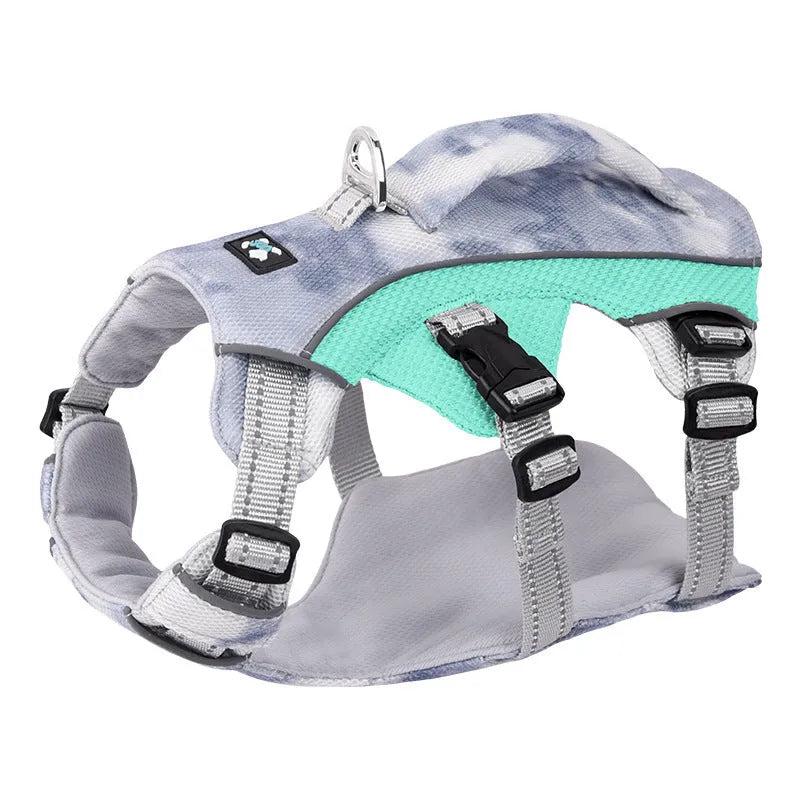 Reflective light blue dog cooling chest strap made of polyester fabric on a dog.
