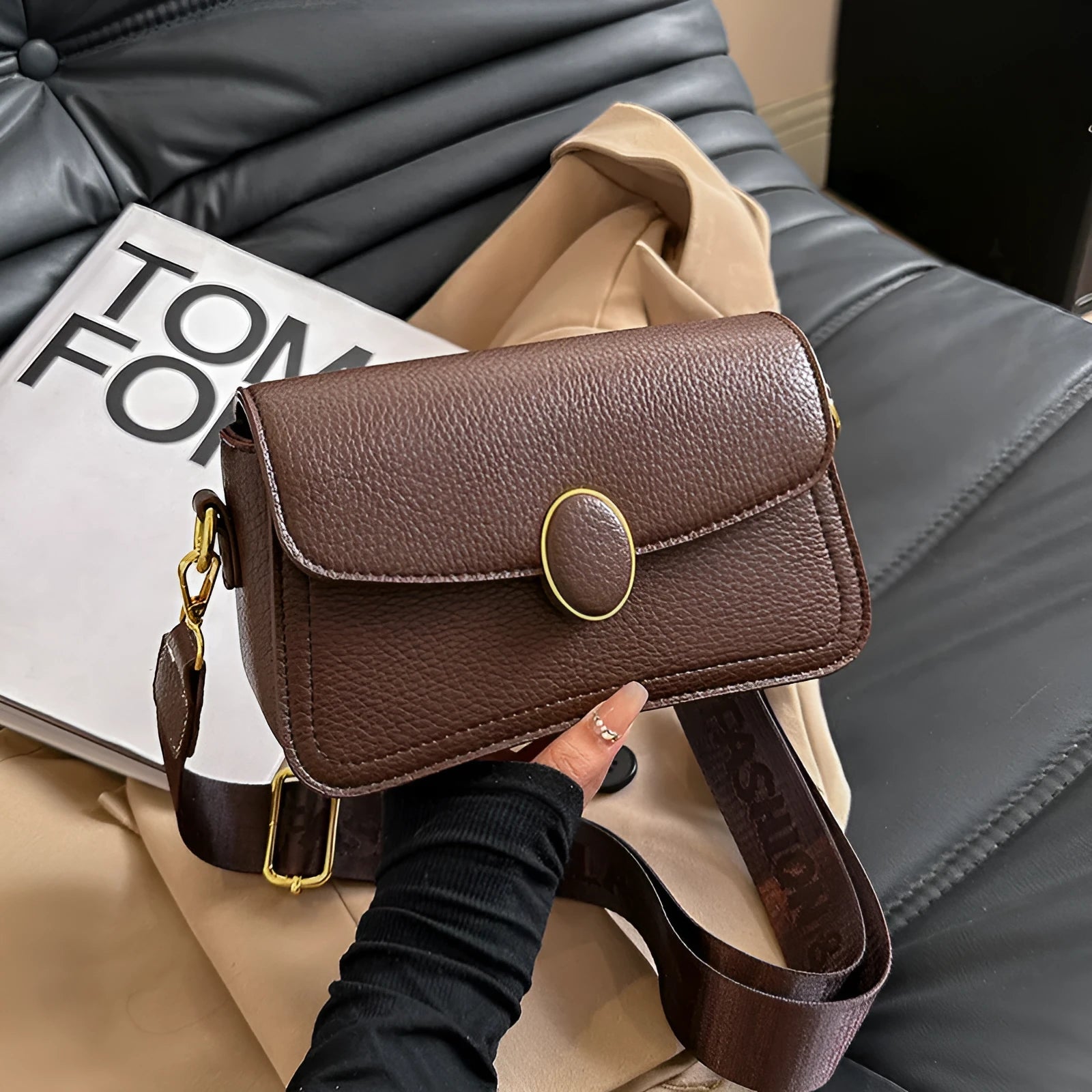 Fashion small square bag with wide shoulder strap in horizontal shape, PU material, khaki colour