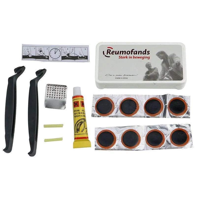 Bicycle saddle cushion with PU leather cover, shown with waterproof cover, wrench, and tire patch kit.