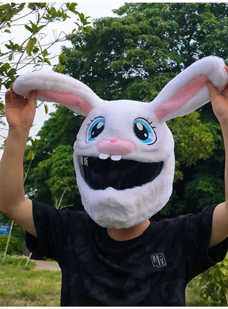 White rabbit head helmet cover with long ears for electric motorcycle commuting