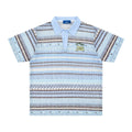 Man wearing a loose-fit blue printed short sleeve casual shirt made from polyester.