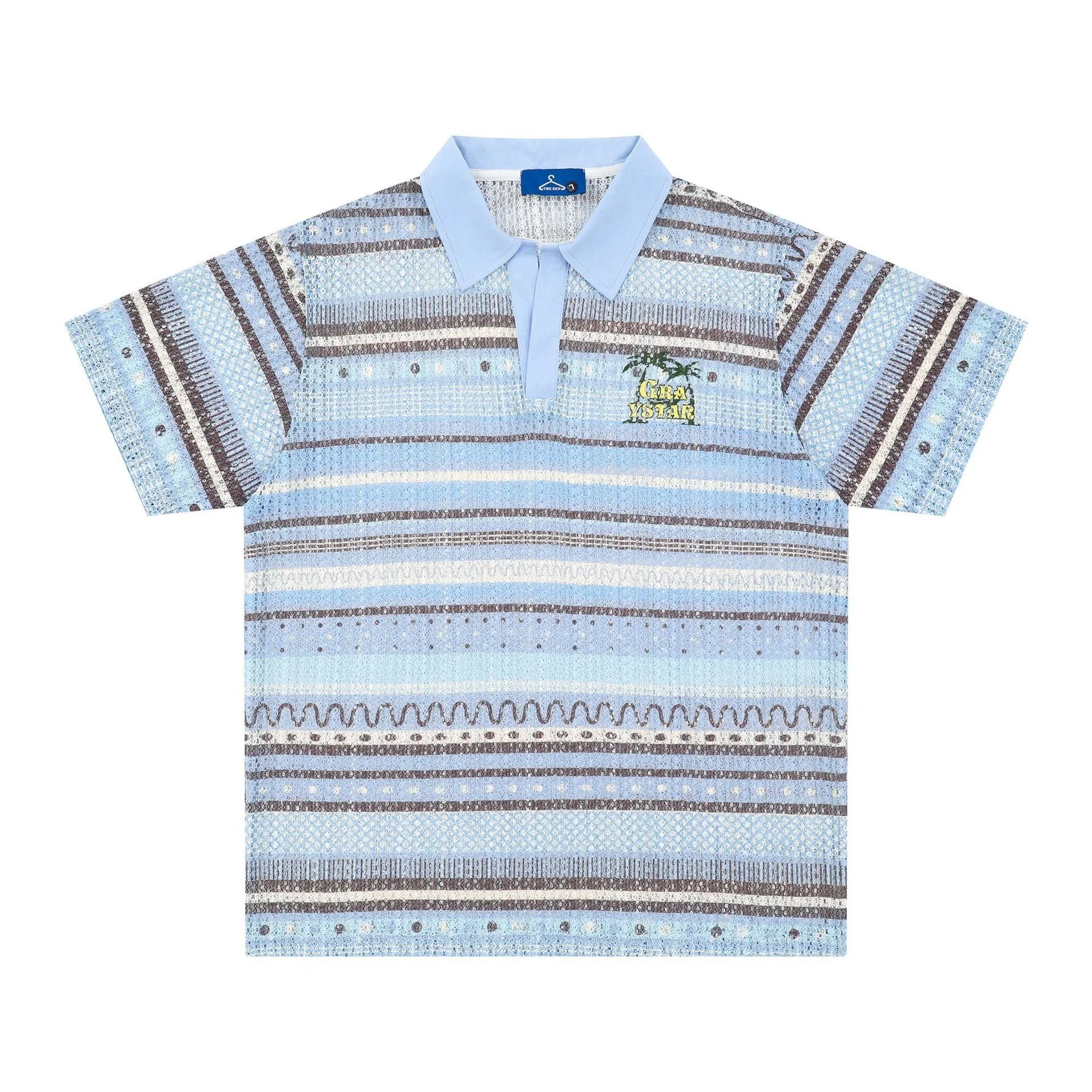 Man wearing a loose-fit blue printed short sleeve casual shirt made from polyester.