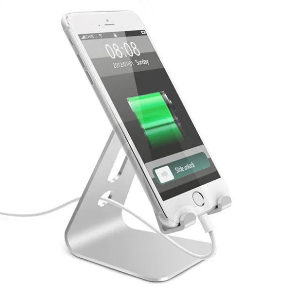 Aluminium universal stand holding a mobile phone and a tablet, shown in silver colour.