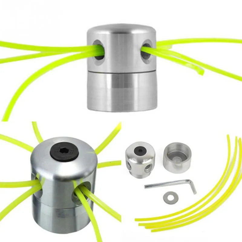Silver aluminium lawn mower grass trimmer head with four light yellow square lines, a wrench, and a gasket