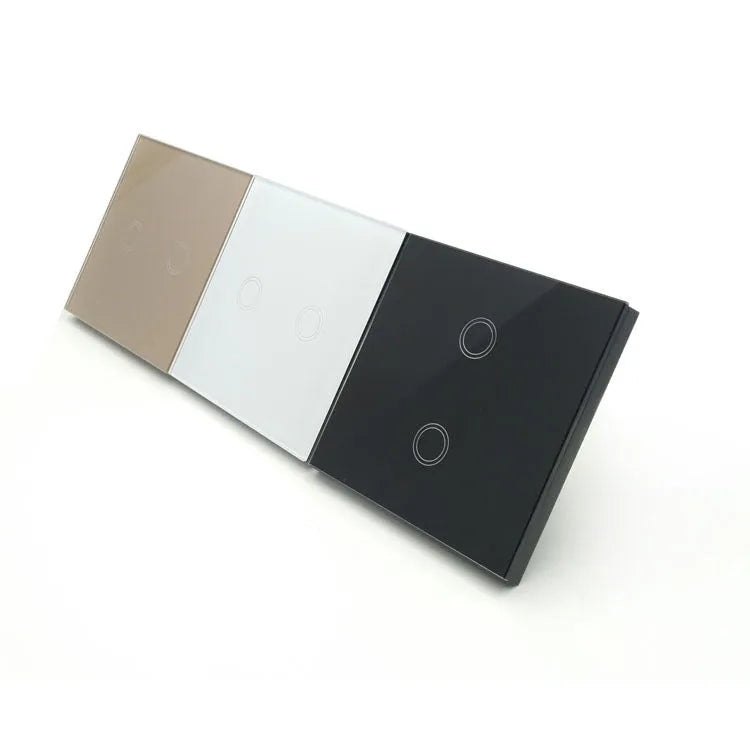Single control touch light switch with tempered glass panel in black, gold, or white finish