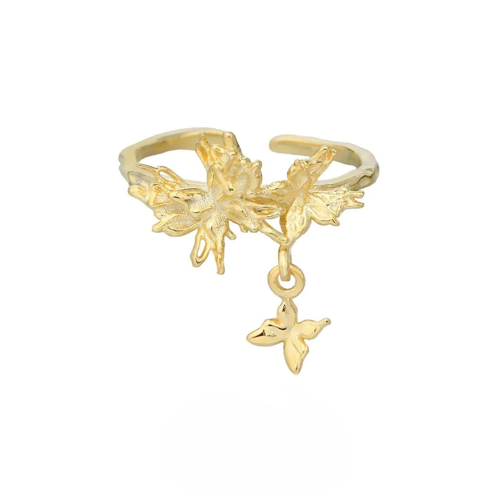 Adjustable opening silver butterfly ring with electroplated finish in white gold or 18K gold colour options
