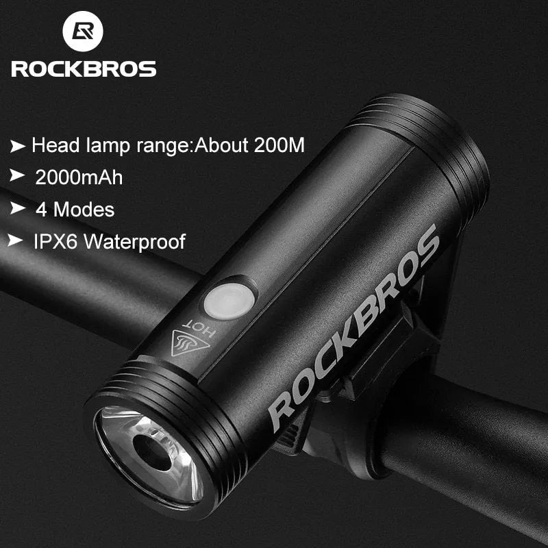 ROCKBROS R1 black aluminium alloy bicycle headlight with 400 or 800 lumen output and IPX6 waterproof rating
