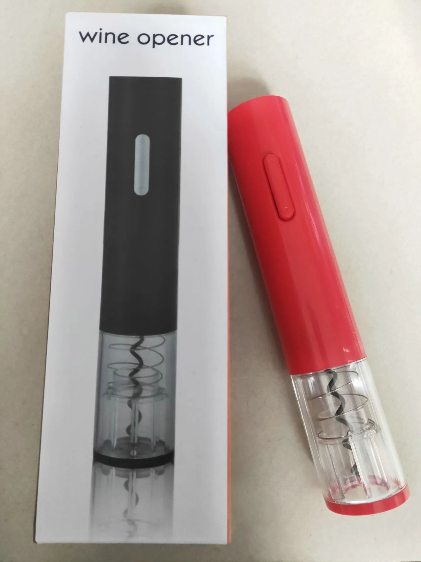 Electric wine opener with foil cutter in red, black and white colour options showing compact design